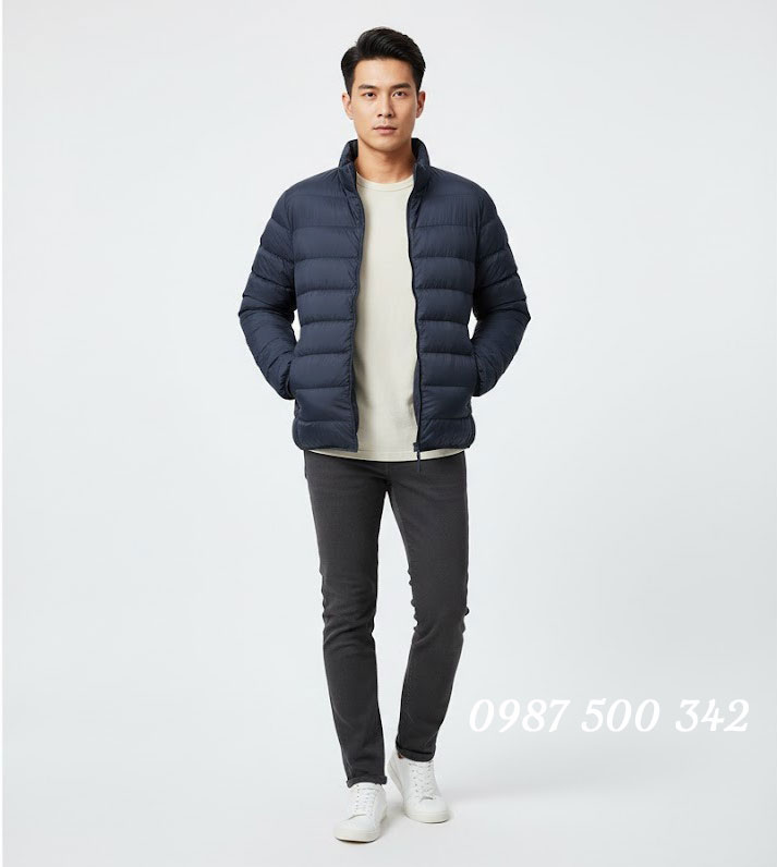 Mẫu mặc Áo lông vũ nam siêu nhẹ không mũ Nhật Bản Ultra Light Down 3D Cut 452738 màu xanh đen 69 NAVY