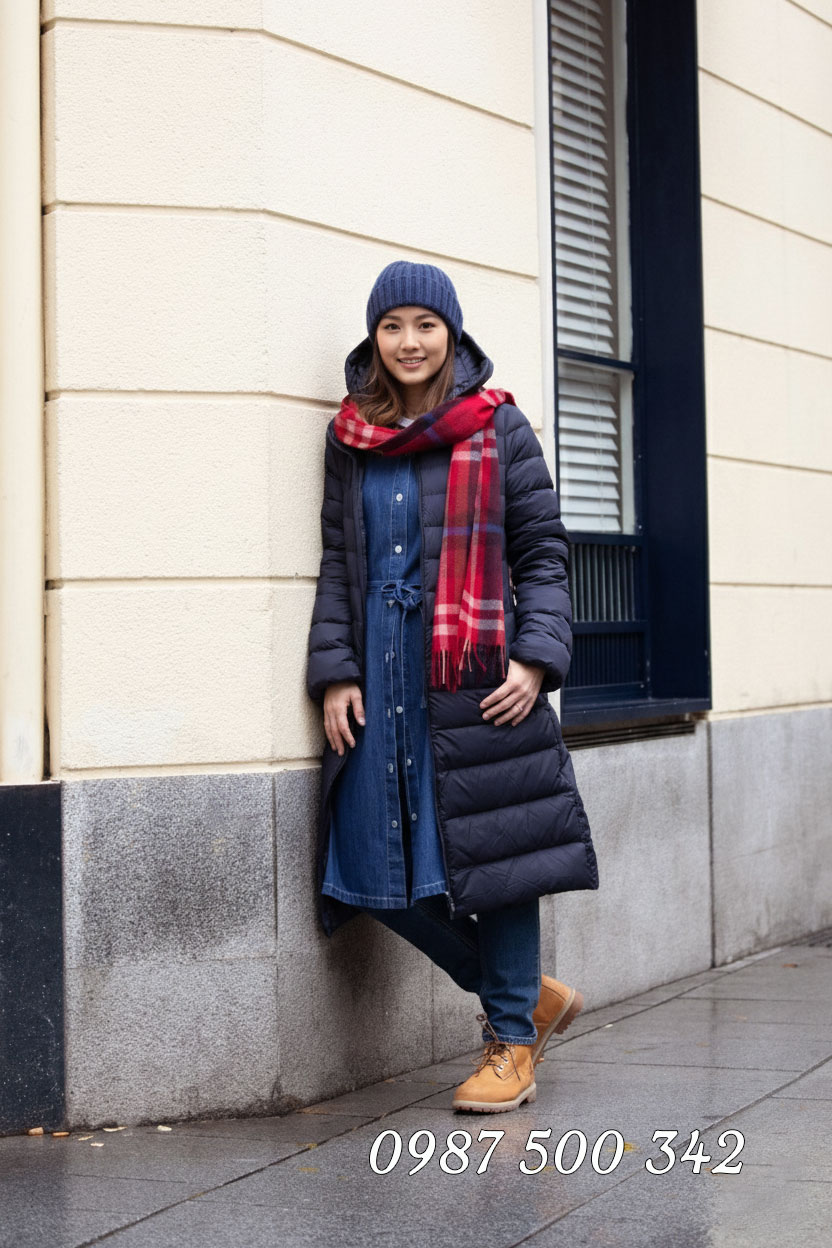 Mẫu mặc Áo lông vũ nữ dáng dài Nhật Bản Ultra Light Down 450450 màu xanh đen 69 NAVY