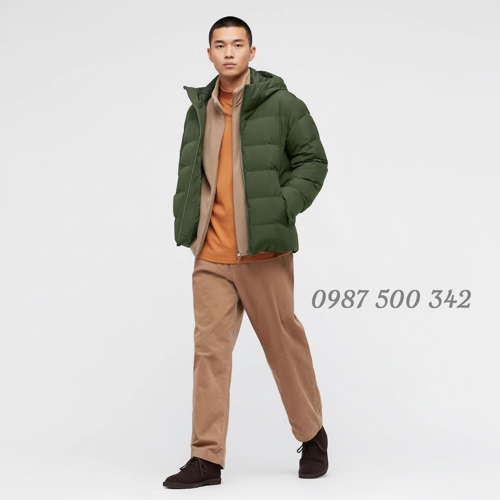 Mẫu mặc Áo phao lông vũ đại hàn nam dáng ngắn nhật bản 442147 Seamless down 3D cut màu xanh rêu 57 Olive