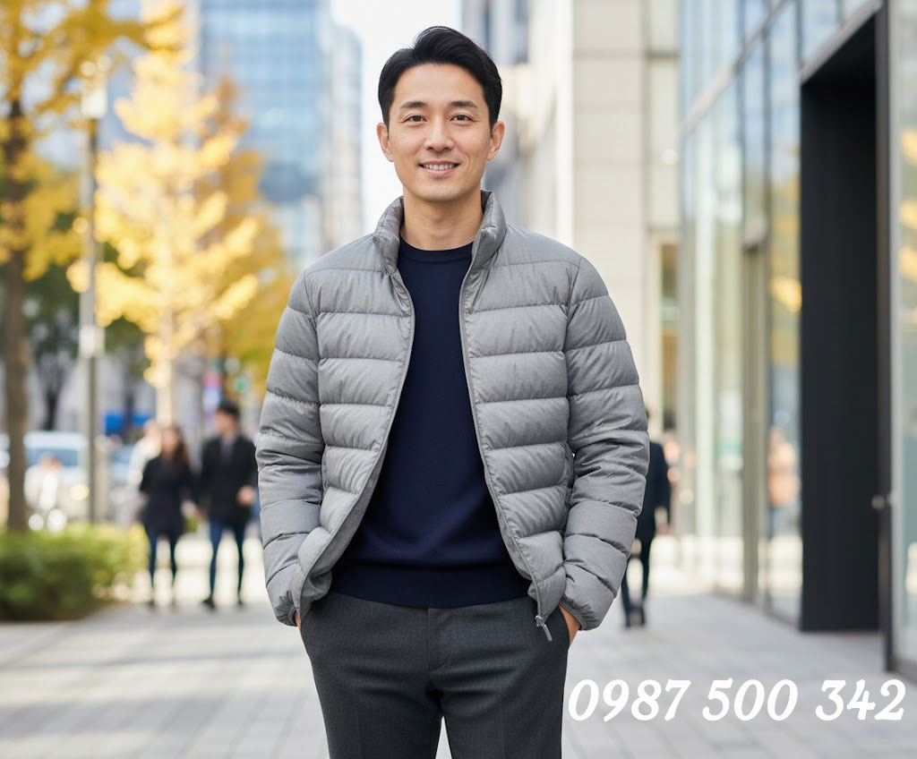 ảnh mẫu mặc Áo lông vũ Nam siêu nhẹ không mũ Nhật Bản Ultra Light Down 3D Cut 452738 màu xam 05 GRAY