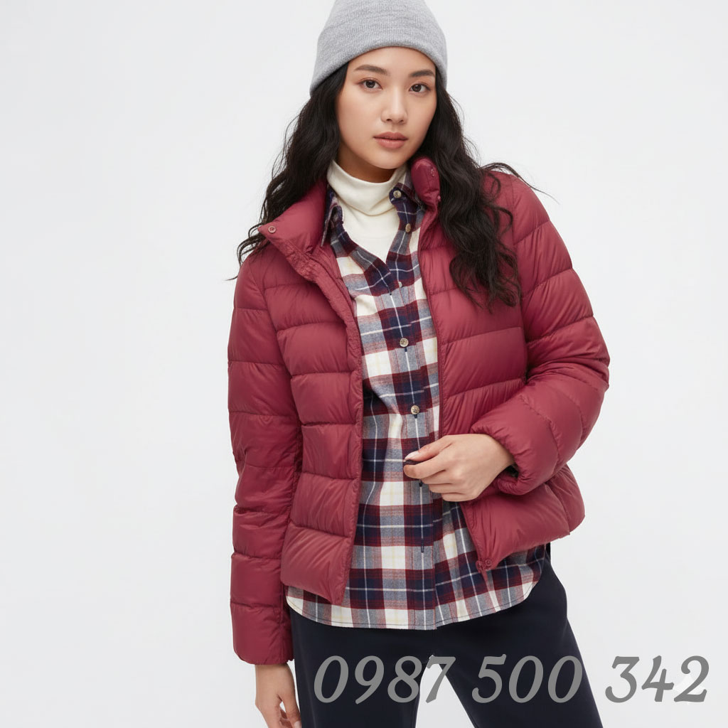 Ảnh mẫu mặc Áo lông vũ siêu nhẹ nữ không mũ Nhật Bản 450310 màu đỏ 17 RED