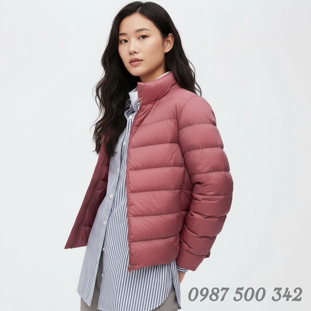 Ảnh mẫu mặc Áo lông vũ siêu nhẹ nữ không mũ Nhật Bản 450310 màu hồng 12 PINK