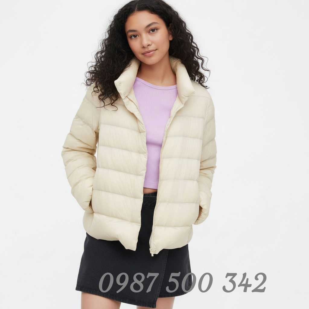 Ảnh mẫu mặc Áo lông vũ siêu nhẹ nữ không mũ Nhật Bản 450310 màu trắng 01 OFF WHITE